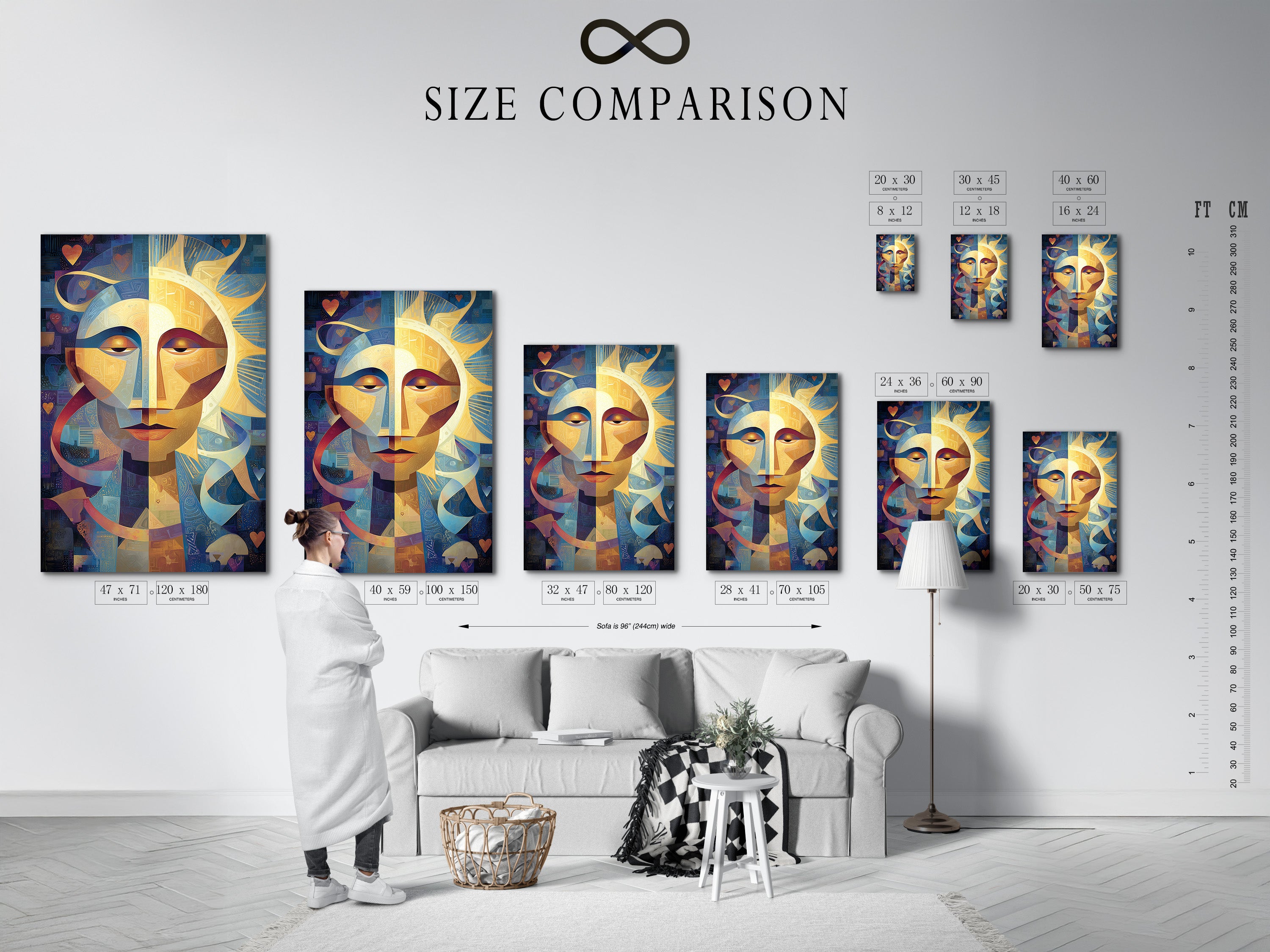 A size comparison chart displayed in an interior setting. Visualize how different art print sizes fit your space. Use this chart to make informed decisions for your artwork. Find the perfect dimensions to enhance your home decor.