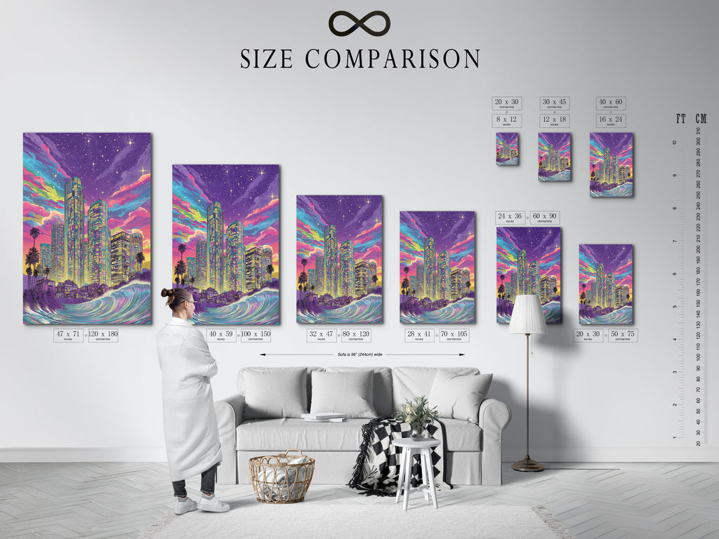 Size comparison chart in an interior setting. See how our synthwave cityscape artwork fits. This neon wall art features a purple skyline. Visualize the retro futuristic ocean wave art. Perfect for any room size.