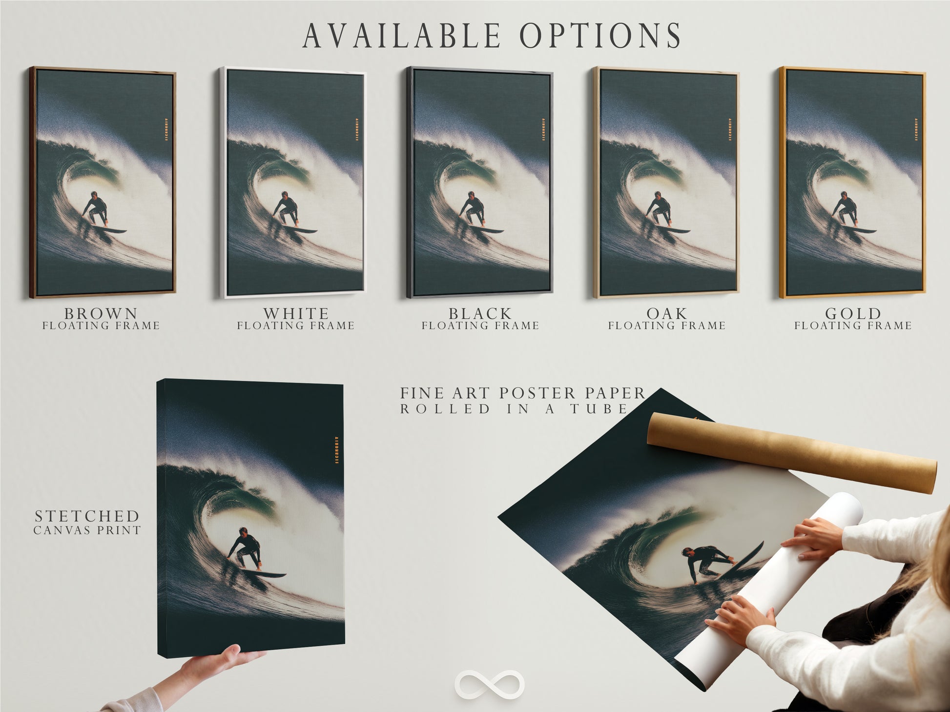 Available options are showcased. The options include stretched canvas prints. Fine art poster paper is available. Floating frames are shown. Choose the perfect presentation for your artwork. Customize your artwork display.