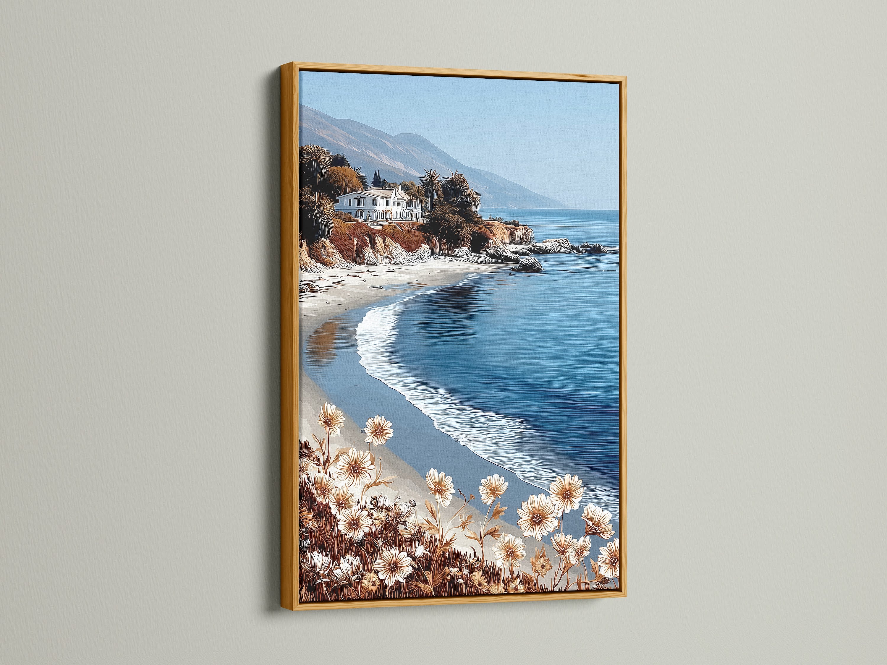 This is a coastal artwork framed in gold. The California seascape wall art adds a luxurious touch to any space. The neutral tones and ocean view create a calming atmosphere. Perfect for enhancing living rooms and bedrooms with a touch of elegance.