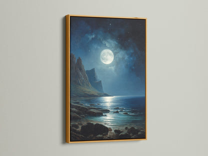 This artwork showcases a serene moonlit seascape. It is encased in a beautiful gold frame. The gold frame adds a touch of luxury and elegance to the artwork. This framed artwork brings a warm and sophisticated feel to your space. The gold frame complements the artwork.