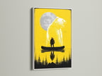 Grizzly Bear and Hunter Canoe Artwork in White Frame. This yellow wildlife art print features a bear and a hunter in a canoe. A white frame enhances the artwork. Perfect for cabin lodge or industrial style decor.
