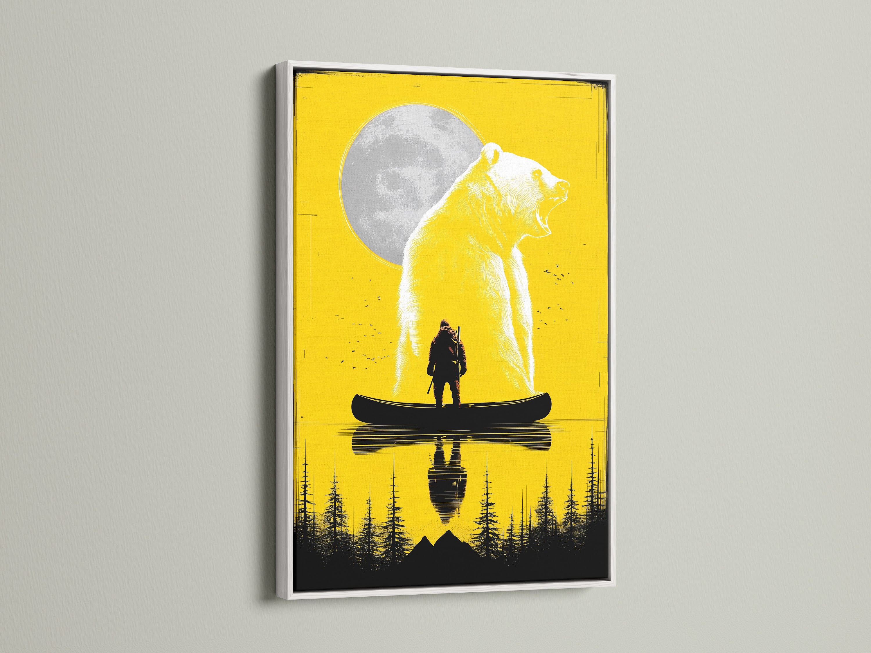 Grizzly Bear and Hunter Canoe Artwork in White Frame. This yellow wildlife art print features a bear and a hunter in a canoe. A white frame enhances the artwork. Perfect for cabin lodge or industrial style decor.