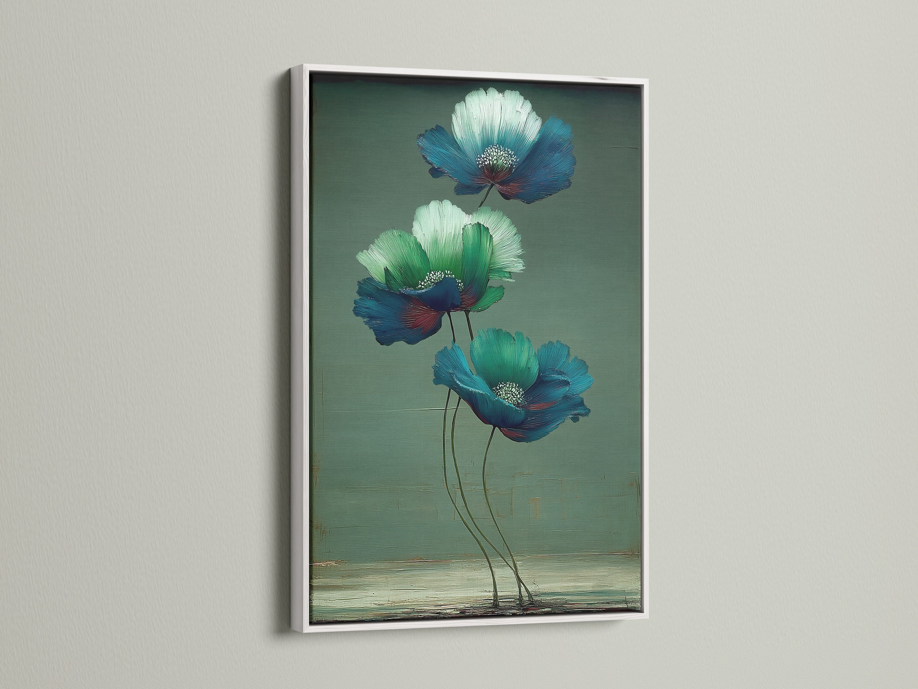 View our floral canvas prints with a white frame. This botanical art enhances your space with a clean look. Experience the charm of blue flower prints and green wall art. Enhance your bedroom decor with this modern art print.