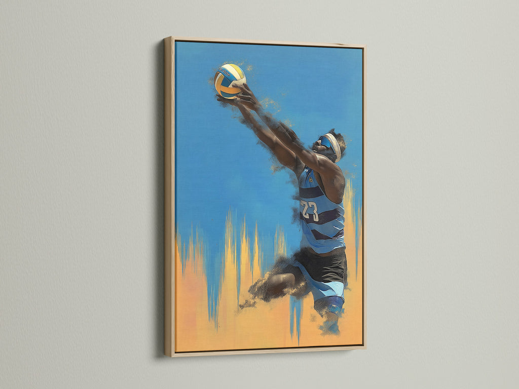Volleyball Player Canvas Art displayed in an oak frame. Blue and orange sports artwork. Ideal for a teen room or game room. The oak frame adds a touch of natural elegance.