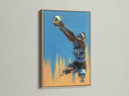 Volleyball Player Canvas Art displayed in an oak frame. Blue and orange sports artwork. Ideal for a teen room or game room. The oak frame adds a touch of natural elegance.