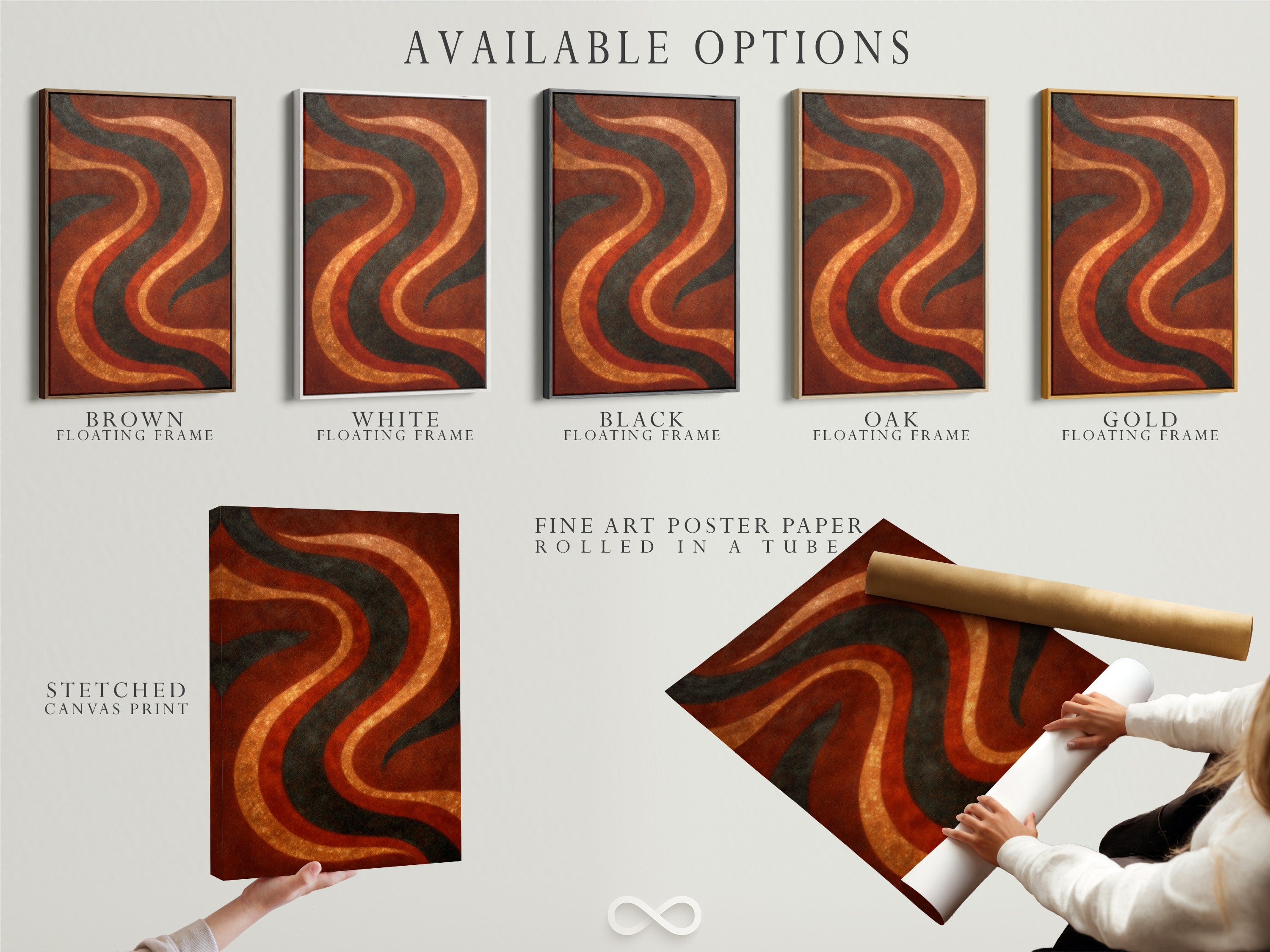 Explore the available options for this abstract wave artwork. Choose between a stretched canvas print fine art poster or a floating frame. The earthy rust orange and sage green colors add a retro 70s touch to any room.