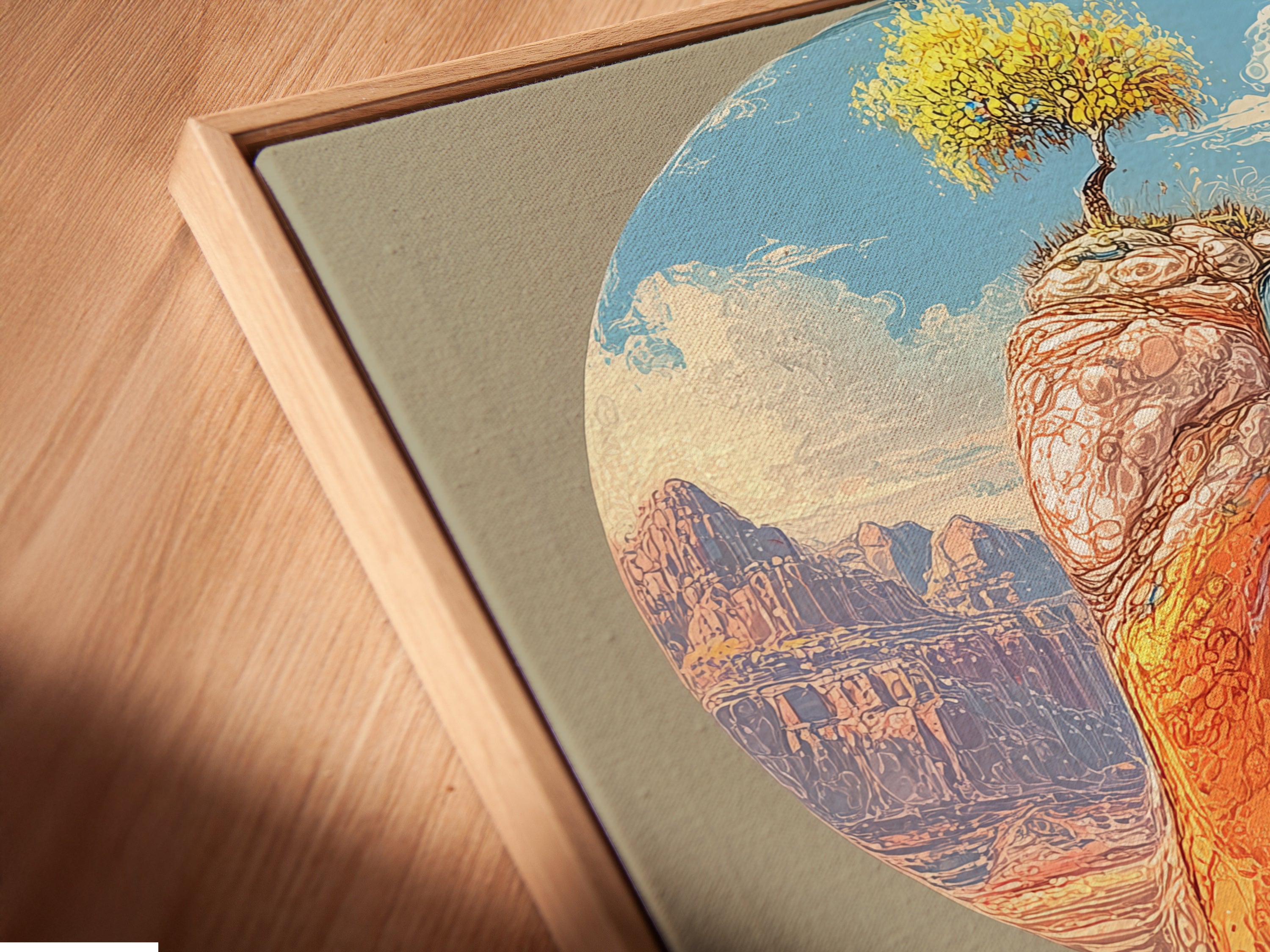 A close-up angled view shows a canvas print in a floating frame. The desert waterfall artwork adds a touch of nature to any space. This southwestern landscape print is perfect for boho wall decor. It enhances the aesthetic of bedrooms and offices alike.