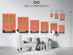 A size comparison chart in an interior setting. It showcases various sizes of the Justice Scales artwork. Available as a canvas print fine art poster paper and floating frame. The artwork is perfect for law offices and legal practices. The orange and green colors add a stylish touch.