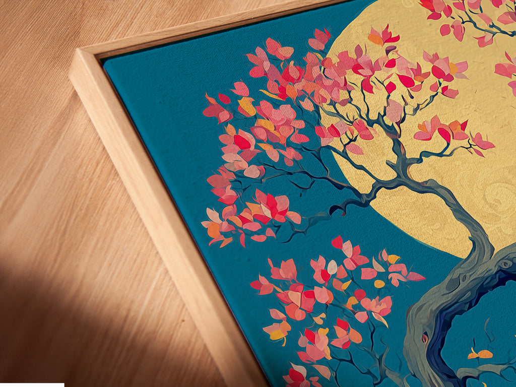 Close-up of a canvas print in a floating frame. The artwork is a Wizard Canvas Print. It's mystical tree wall art for meditation room decor. This spiritual magic wall art is zen artwork. This serene art print is calming wall art. Blue and gold art creates a fantasy gift in mythical decor.