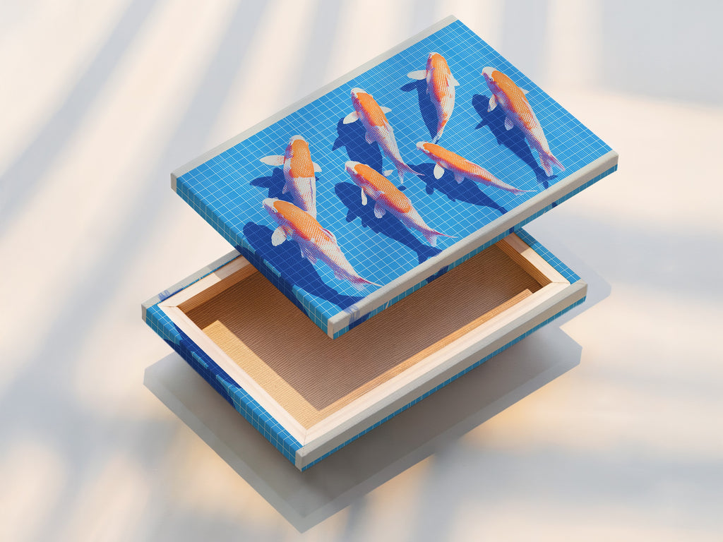 A stretched canvas print of Koi Fish art. The blue and orange colors create a vibrant and modern look. This Japanese print is perfect for adding a focal point to any room. Enhance your home or office decor with this contemporary artwork.