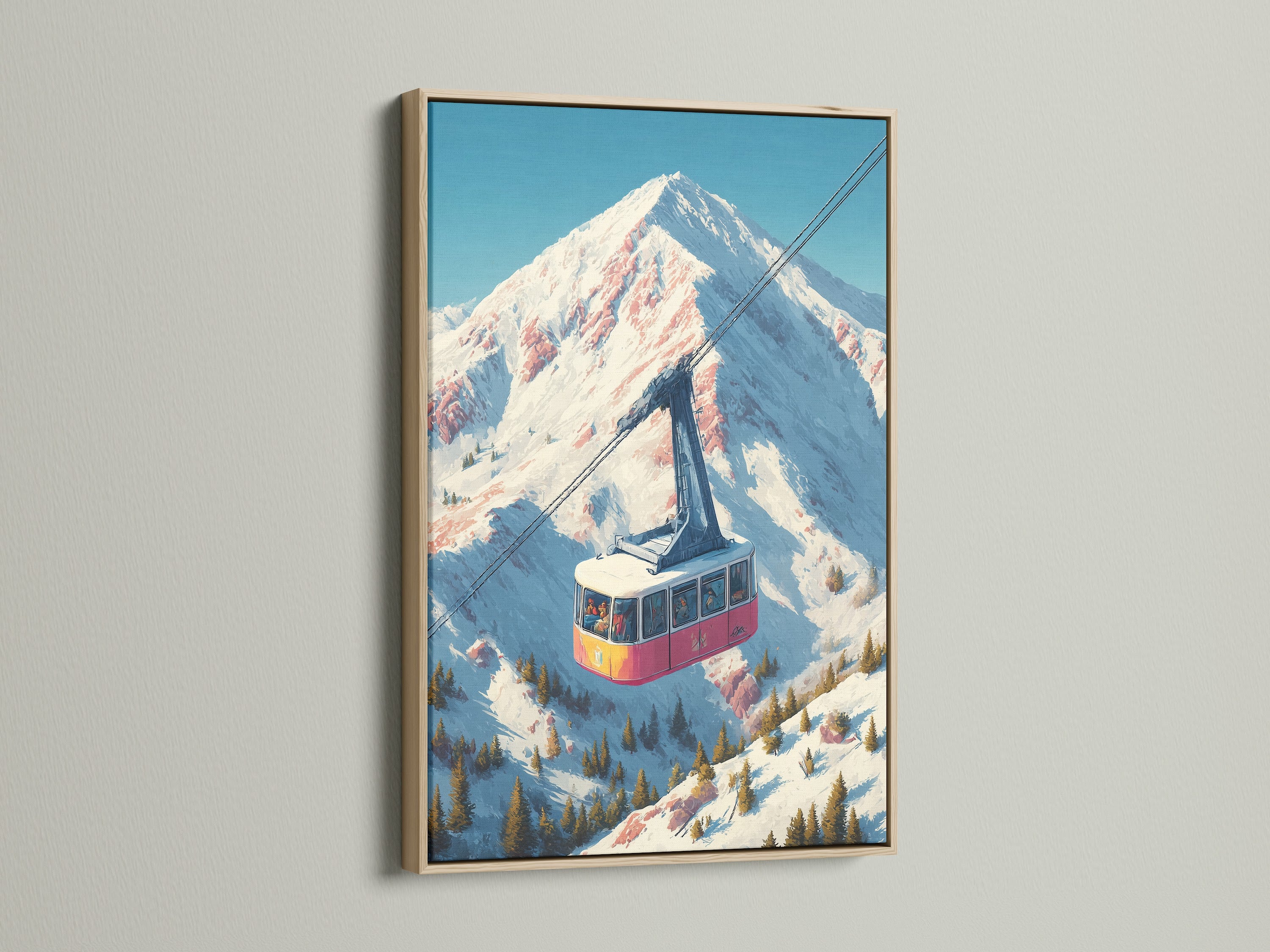 Vintage ski lift art print in an oak frame. The artwork displays an alpine mountain cable car scene. Perfect retro winter sports poster for cabin wall decor. Elevate your space with lodge-style mountain artwork.