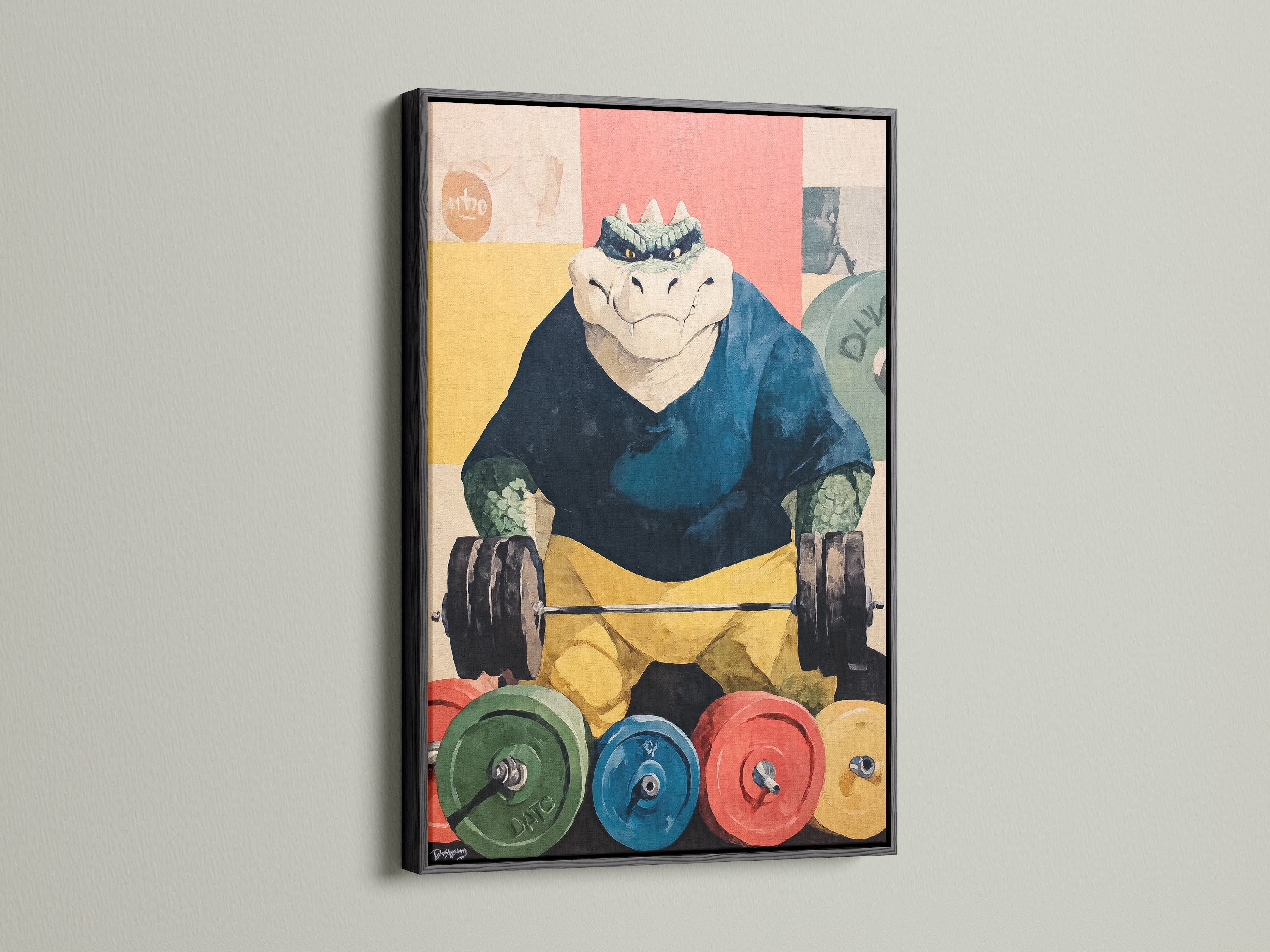 The Weightlifting Gator artwork is showcased in a black frame. This humorous art is perfect for gym wall art. It's a fun piece for fitness centers. The reptile print is a unique addition.