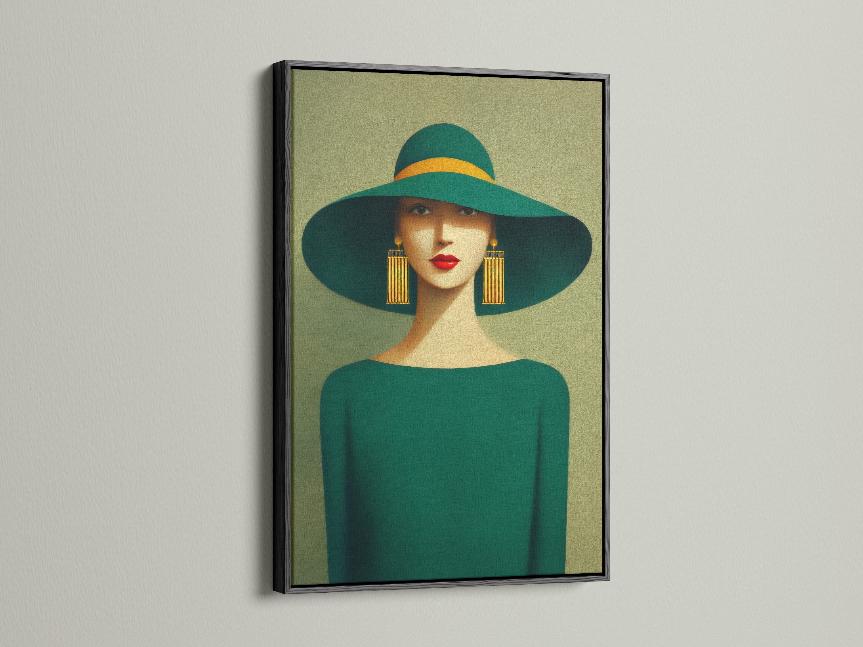 Elegant woman portrait artwork with an emerald green hat and gold earrings is displayed. The artwork is framed with a black frame. This sophisticated art complements retro art deco or contemporary aesthetics perfectly.