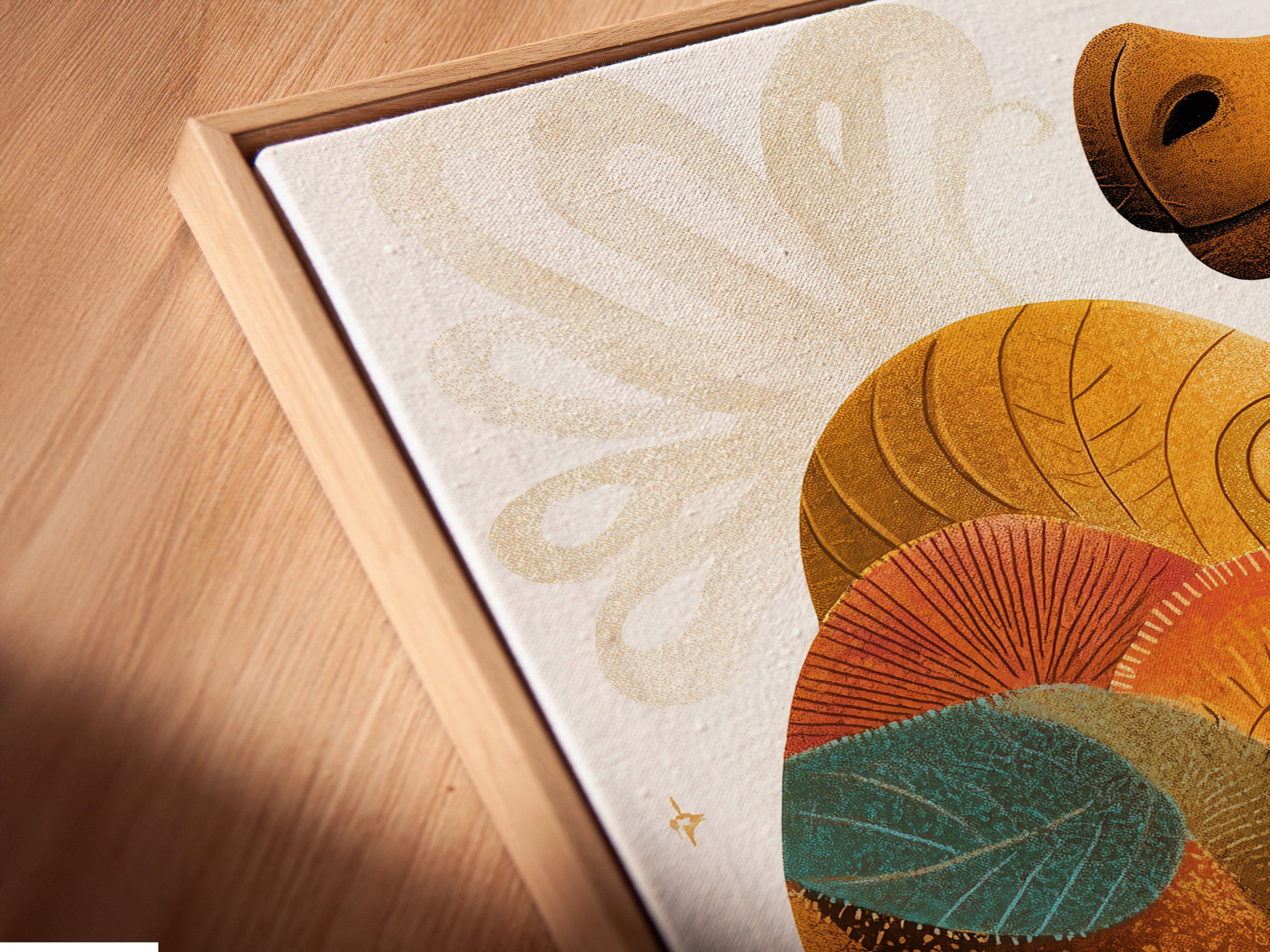 Close-up of a canvas print in a floating frame. The artwork appears to float within the frame. This creates a modern gallery like display. Showcase your art with a stunning floating frame.