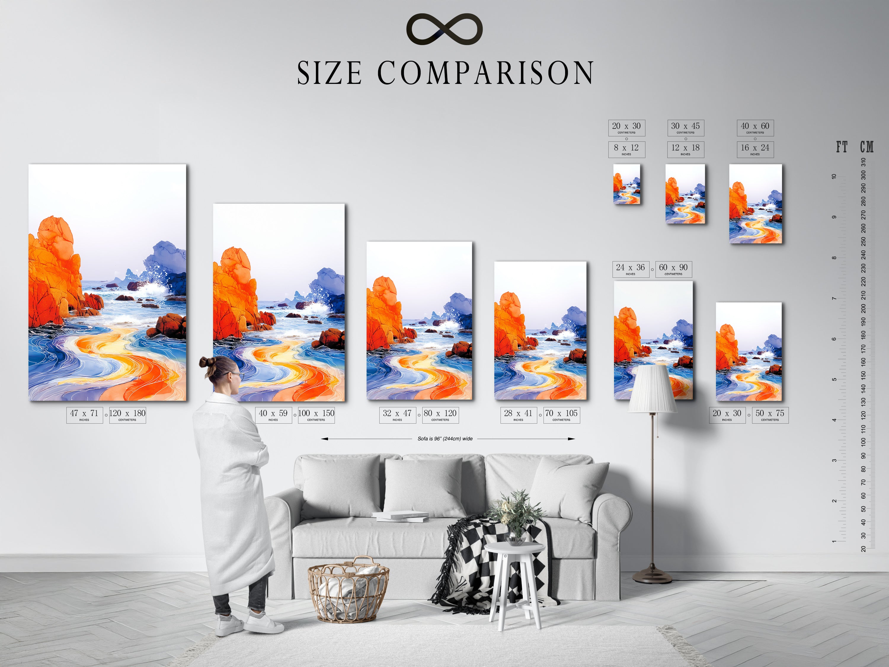 Size comparison chart in interior displaying various sizes of coastal artwork. See how different sizes of the orange and blue ocean canvas print will look in your home. Find the perfect fit for your modern beach landscape art. Enhance your wall decor.
