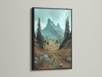 Black frame mountain landscape artwork. This wilderness canvas features a stunning alpine landscape. The black frame adds a modern touch to the rustic wall art. Perfect for creating a cozy cabin decor or living room wall art. Earth tones and nature print.