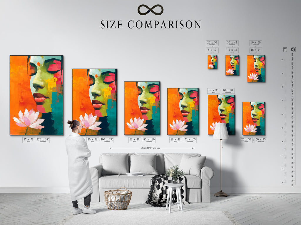 Size comparison chart displayed in an interior setting. See how the abstract woman portrait art fits in various spaces. The colorful wall art and lotus flower design complement the decor. Find the perfect size for your home.