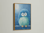 Whimsical blue bird artwork presented in a luxurious gold frame. This cute bird print is ideal for adding a touch of elegance to a baby's room. The gold frame complements the cartoon artwork beautifully. It creates a cheerful and comforting environment. A perfect piece for avian wall art enthusiasts.