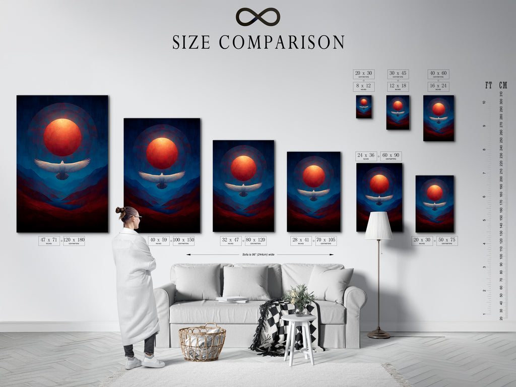 A size comparison chart in an interior setting helps you visualize the perfect fit for your eagle artwork. See how different sizes of our spiritual canvas enhance your space. Choose the ideal dimensions for your mountain landscape print. Transform your home with our art