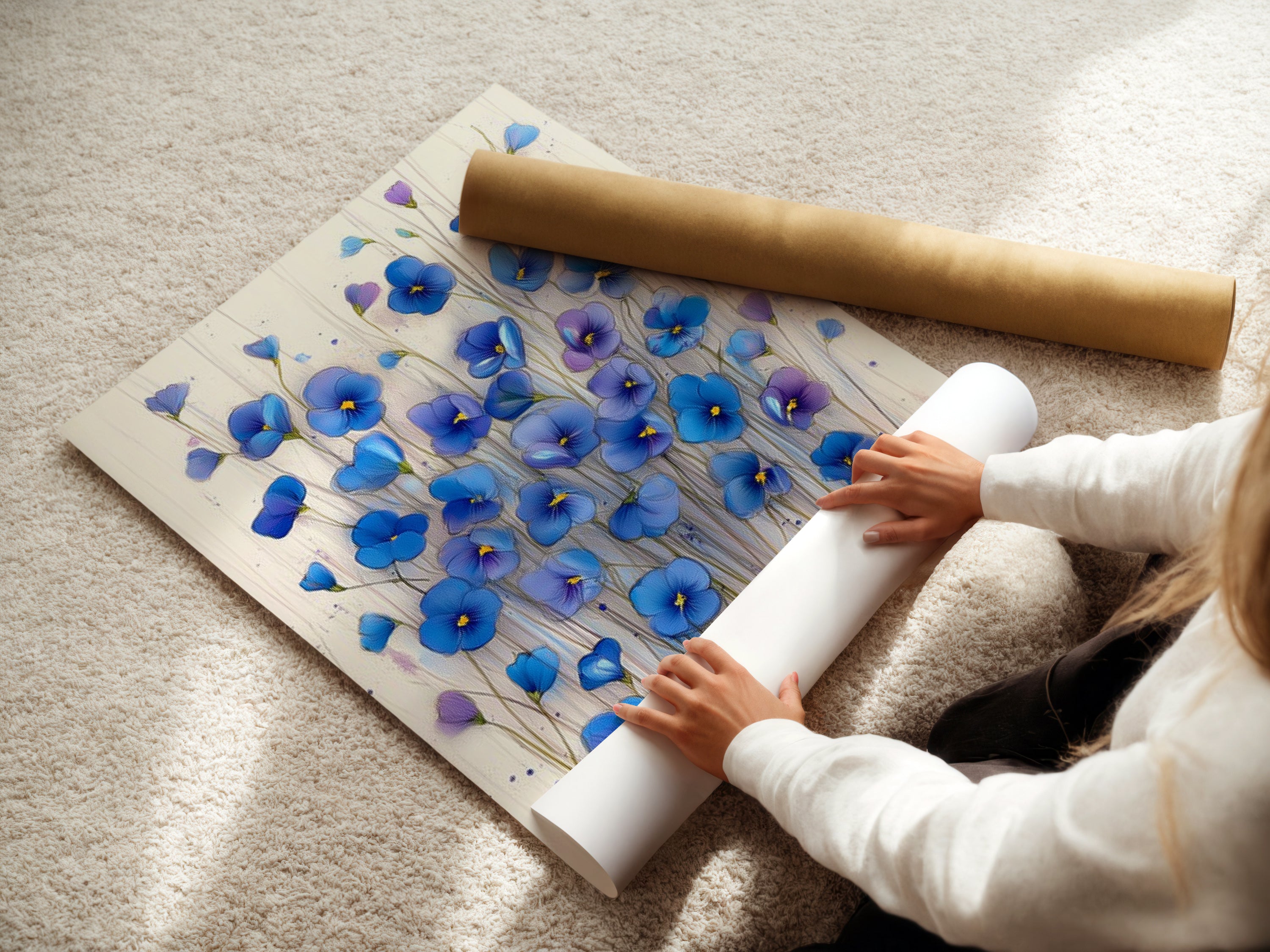 A woman is carefully rolling a fine art poster paper. This ensures the botanical wall art arrives in perfect condition. The poster features a beautiful blue flower print. Ready to be framed or displayed as modern floral art.