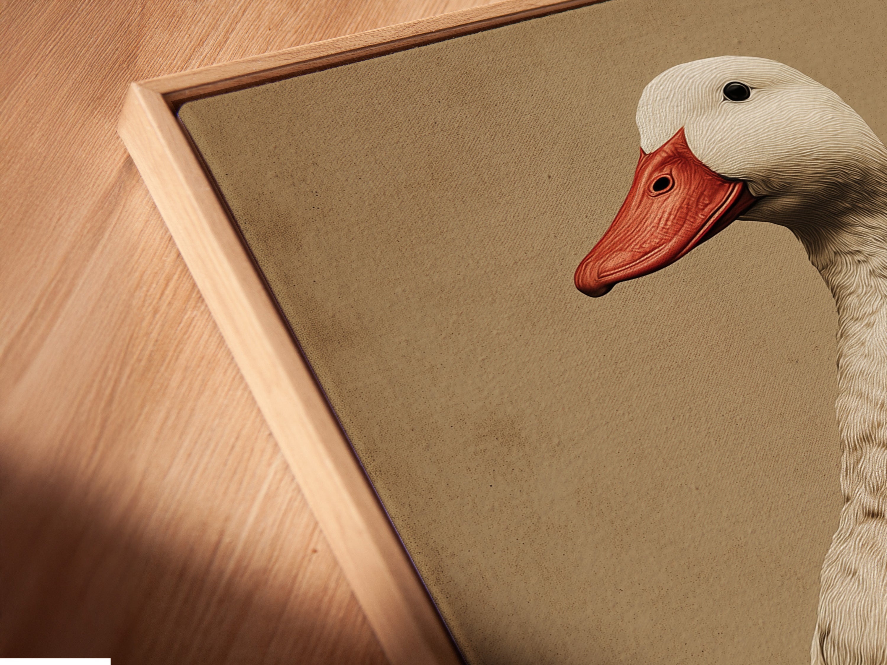 A close-up of a canvas print in a floating frame. This vintage duck artwork adds a rustic touch to any space. It is perfect for farmhouse decor and country-themed interiors. The floating frame enhances the artwork's appeal.