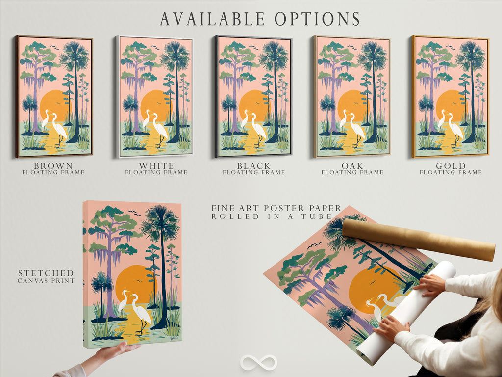 Available options for the heron artwork. Choose from a stretched canvas print a fine art poster paper or a floating frame. Customize your coastal wall art to match your style. Perfect Florida landscape artwork for any space.