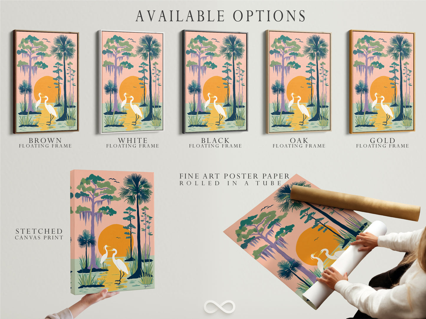 Available options for the heron artwork. Choose from a stretched canvas print a fine art poster paper or a floating frame. Customize your coastal wall art to match your style. Perfect Florida landscape artwork for any space.