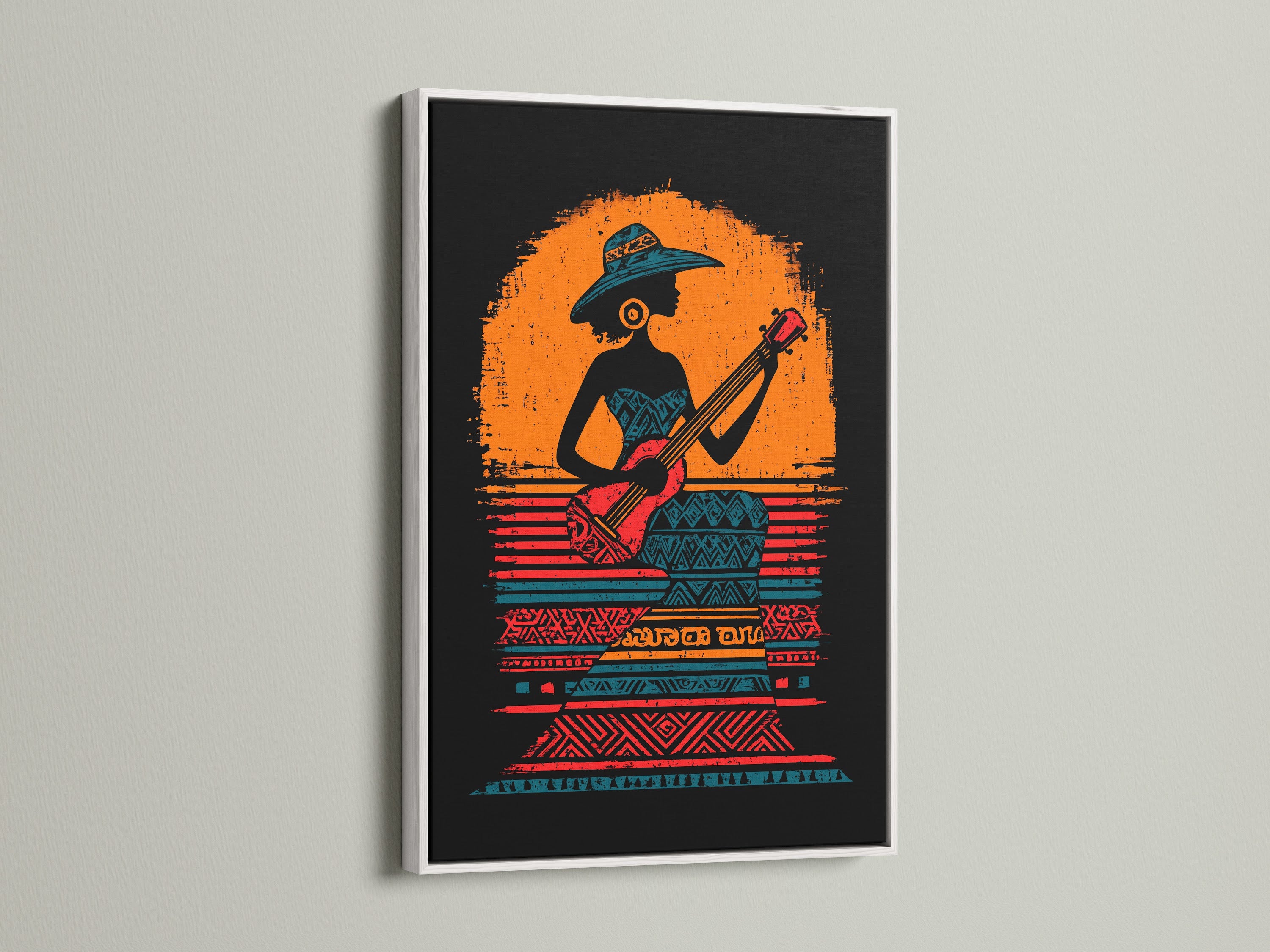African Woman Guitar Player Art Print - Tribal Music Wall Art, Bohemian Decor, Orange Black Poster, Cultural Music Art