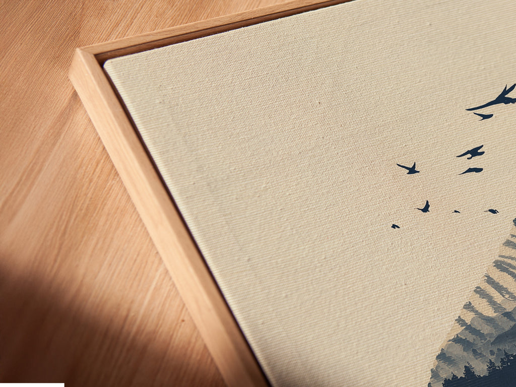 Angled close up of a canvas print in a floating frame. The tiger double exposure artwork appears to float. This wildlife canvas art adds depth to any space. This floating frame enhances modern nature art. A unique animal art print.