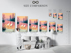 A size comparison chart helps visualize the artwork in an interior. See how the heron canvas print fits your space. The bird artwork enhances living rooms or bedrooms. Choose the perfect size for your serene artwork.