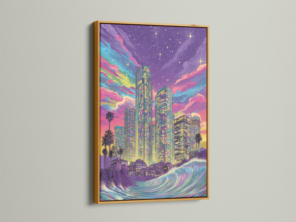The gold frame adds elegance to this synthwave cityscape canvas print. It features neon wall art and a purple skyline. This retro futuristic piece is perfect for living rooms. Add a touch of sophistication to your space.