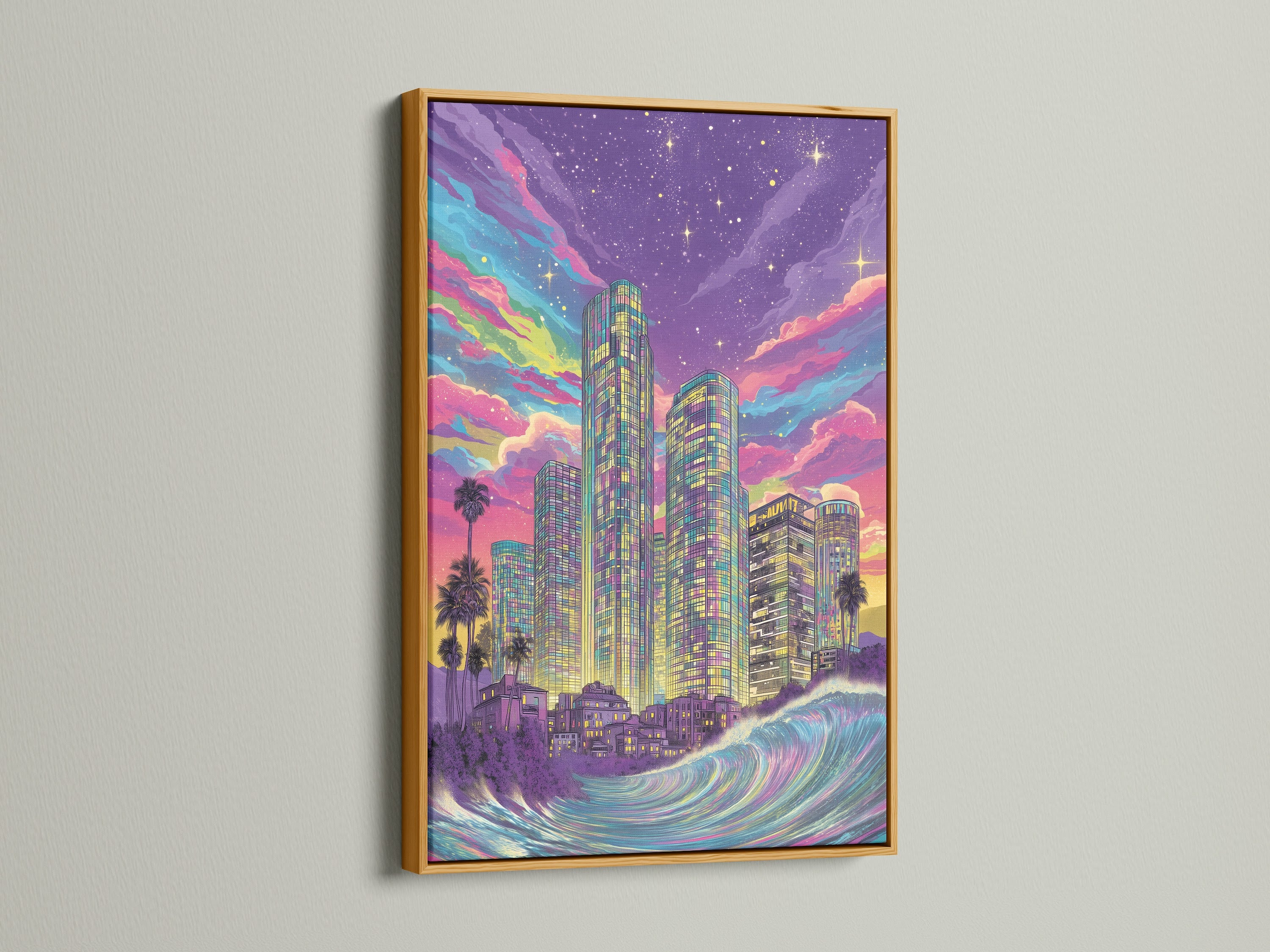 The gold frame adds elegance to this synthwave cityscape canvas print. It features neon wall art and a purple skyline. This retro futuristic piece is perfect for living rooms. Add a touch of sophistication to your space.