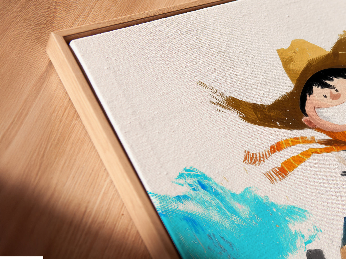 A close-up angled view of the cowboy art inside a floating frame. This unique framing style gives the artwork a modern look. The floating frame enhances the overall presentation. It makes the artwork stand out. Perfect for any room.