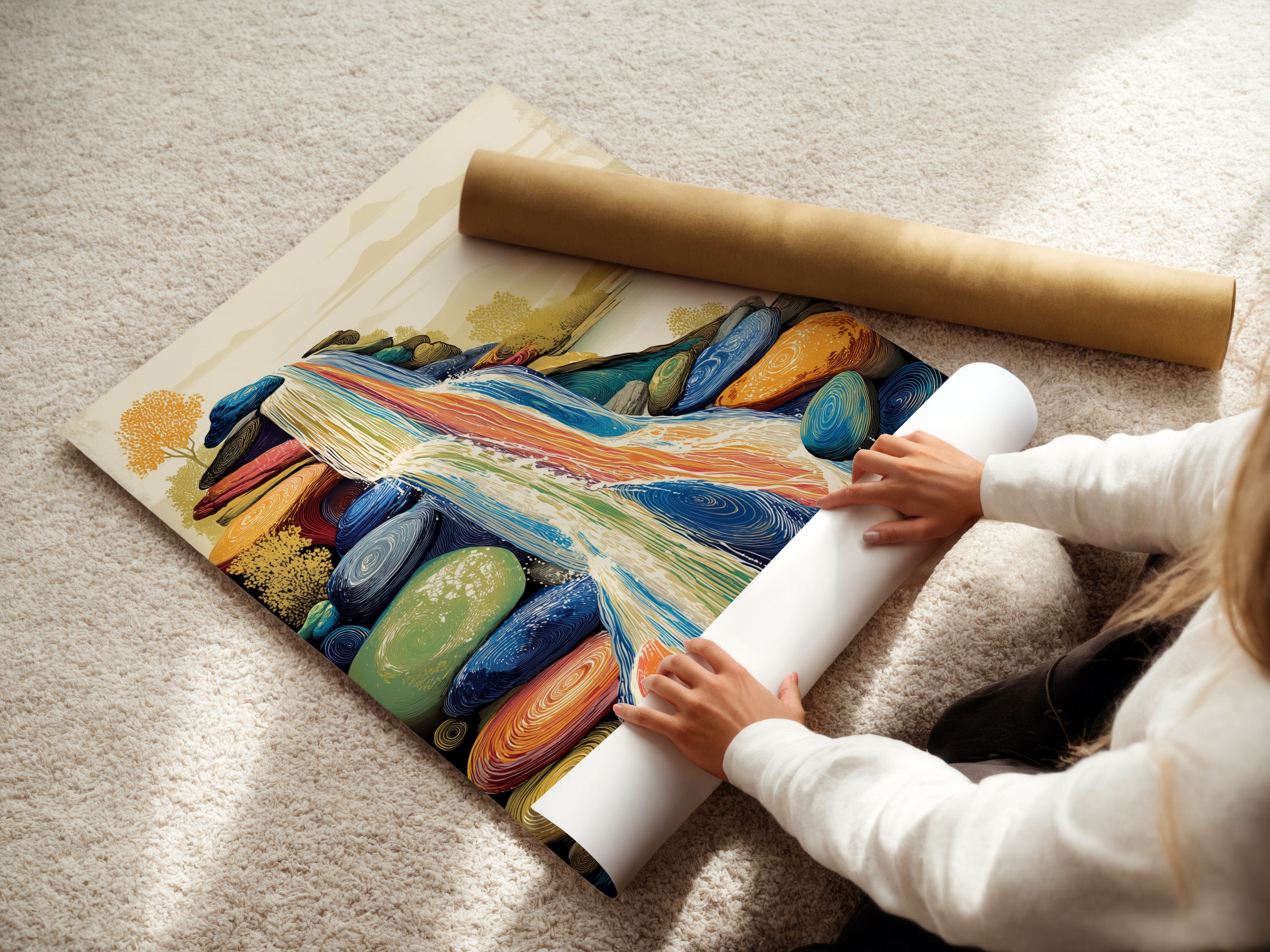 A woman is carefully rolling a fine art poster paper. The paper features a colorful waterfall artwork. This abstract nature art is perfect for framing. Ideal for those seeking refined contemporary wall decor.