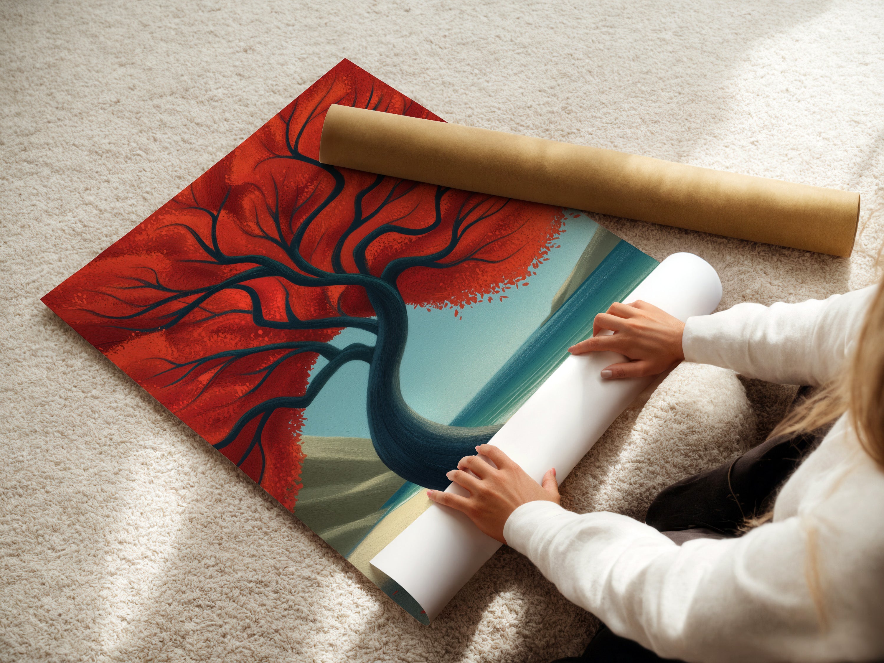 A woman is carefully rolling a fine art poster paper. The Red Tree coastal landscape artwork is printed on high-quality paper. This ensures the colors are vibrant and long-lasting. Perfect for any art lover seeking beach landscape art.