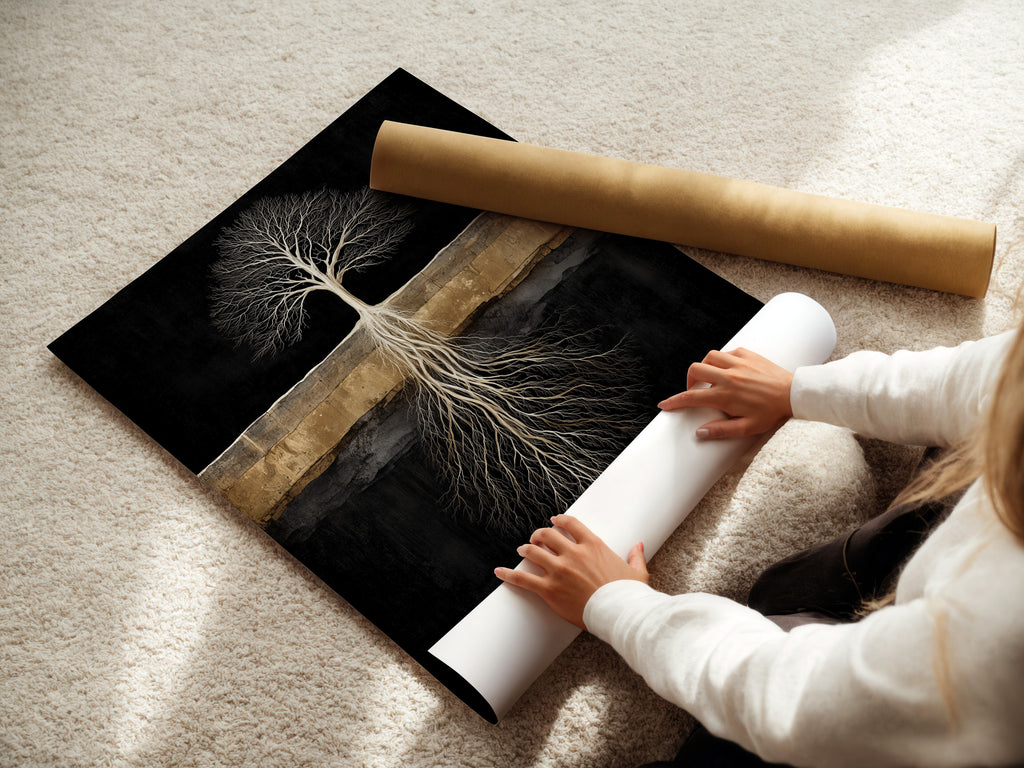 A woman is carefully rolling a fine art poster paper of the Tree of Life. The poster paper showcases the intricate details of the tree roots artwork. Perfect for those seeking a delicate and refined version of this modern wall art.