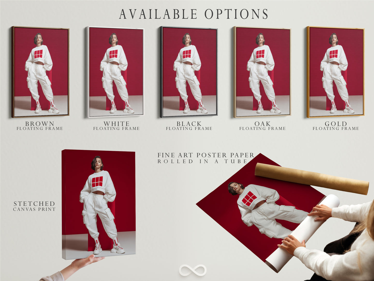 Available options for Streetwear Fashion Art Print. Choose from a stretched canvas print fine art poster paper or a floating frame. The modern urban style artwork is a contemporary red and white poster.