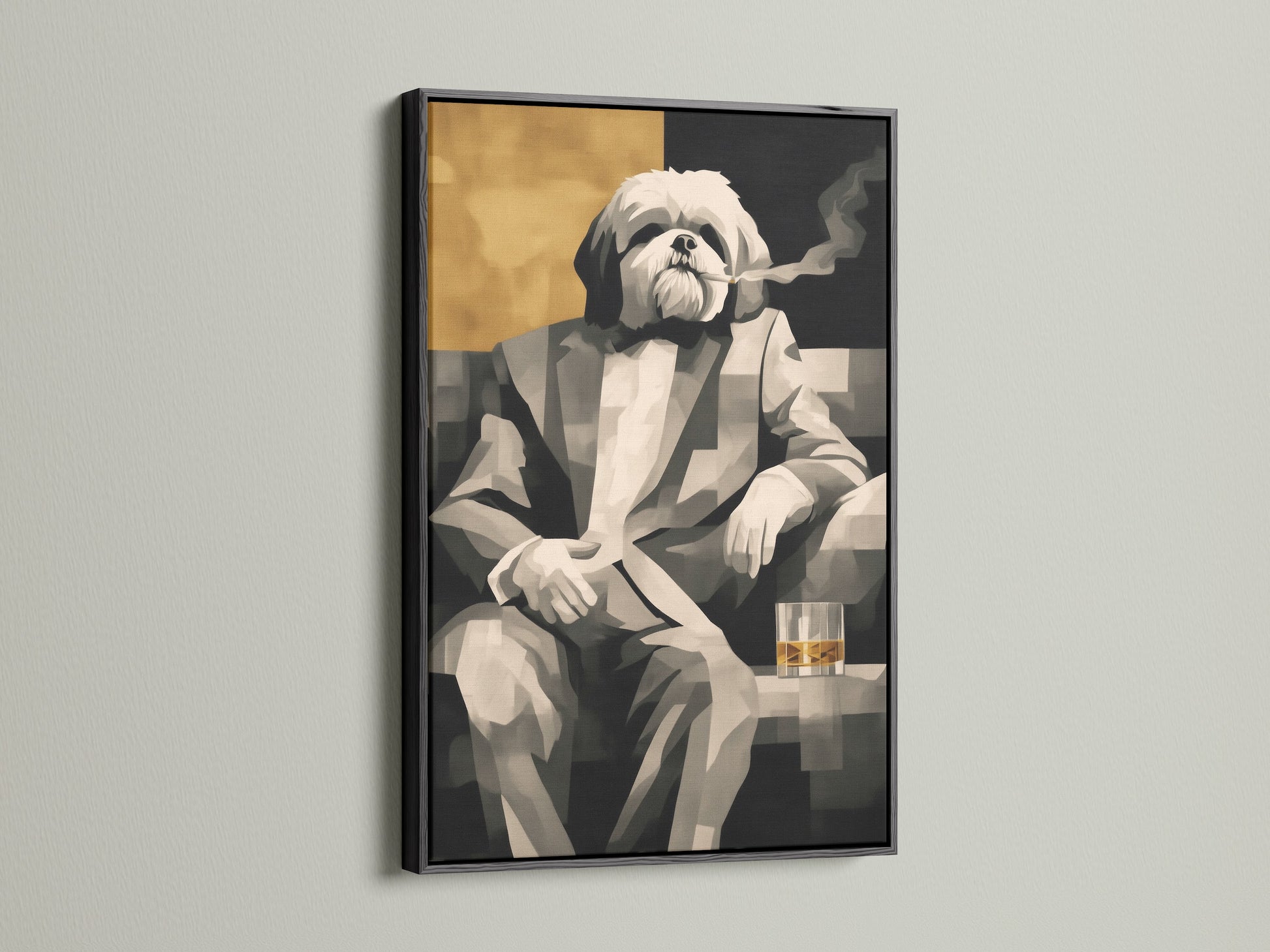 Dog Smoking Art Print in a Black Frame. This Shih Tzu Canvas Art offers a modern touch. The gentleman pet portrait is a sophisticated choice. It is ideal for office wall art or home decor. This whiskey art is both quirky and elegant.