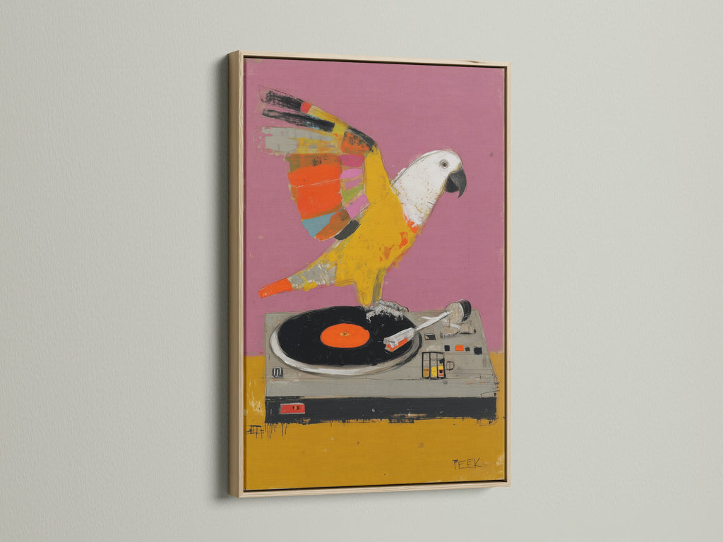 Parrot DJ canvas print with an oak frame. This retro music artwork adds a vintage touch. Ideal as music studio decor or bird art. A unique piece for music enthusiasts.