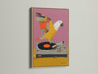 Parrot DJ canvas print with an oak frame. This retro music artwork adds a vintage touch. Ideal as music studio decor or bird art. A unique piece for music enthusiasts.
