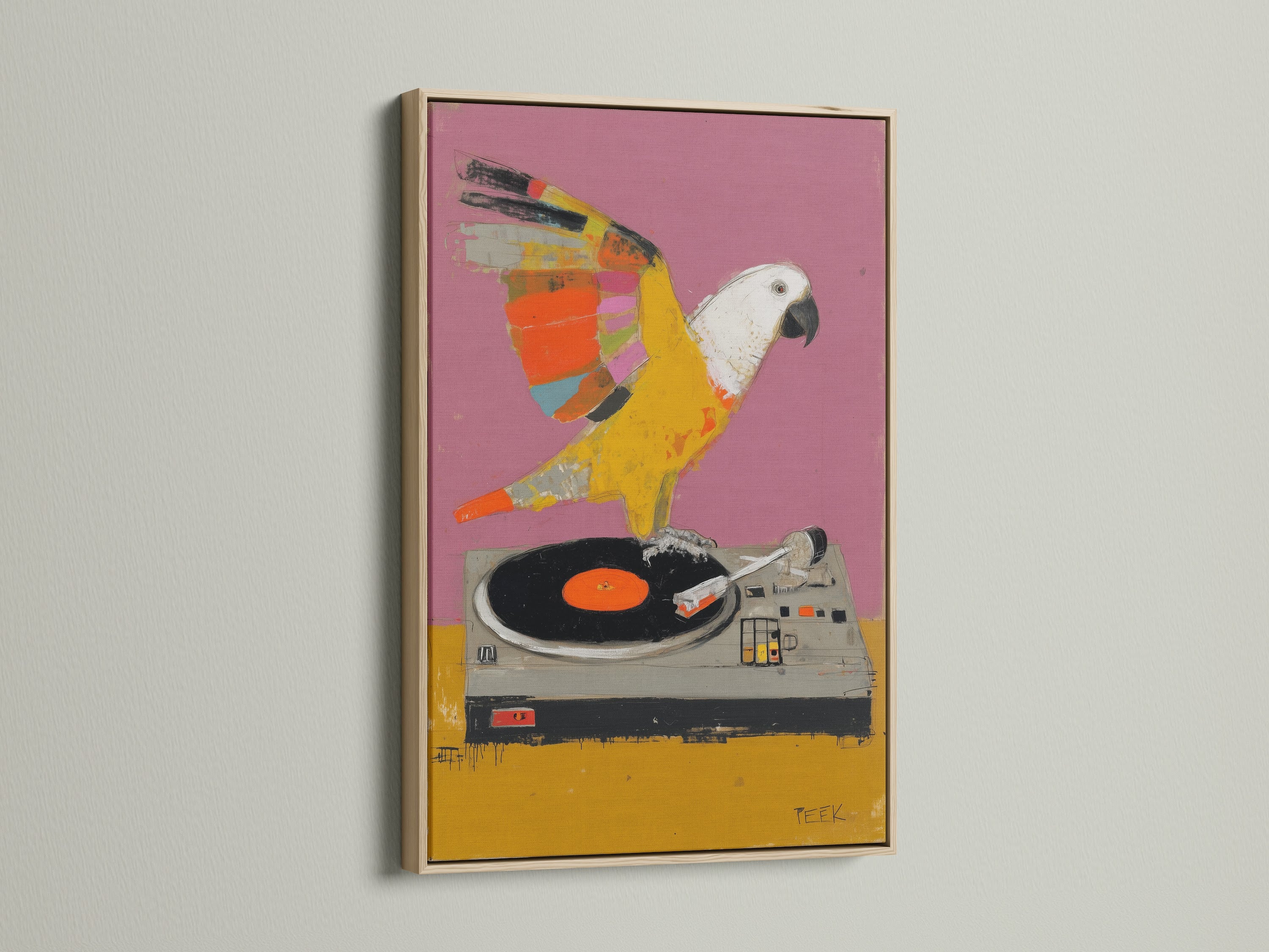 Parrot DJ canvas print with an oak frame. This retro music artwork adds a vintage touch. Ideal as music studio decor or bird art. A unique piece for music enthusiasts.