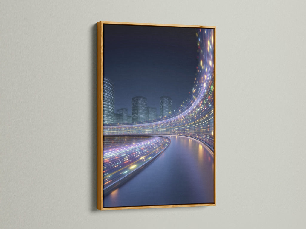 Futuristic cityscape artwork in a gold frame. The modern urban wall art features mesmerizing digital city lights. The gold frame adds a touch of luxury and elegance. Perfect for elevating the style of your living room bedroom or office. It enhances modern interiors.