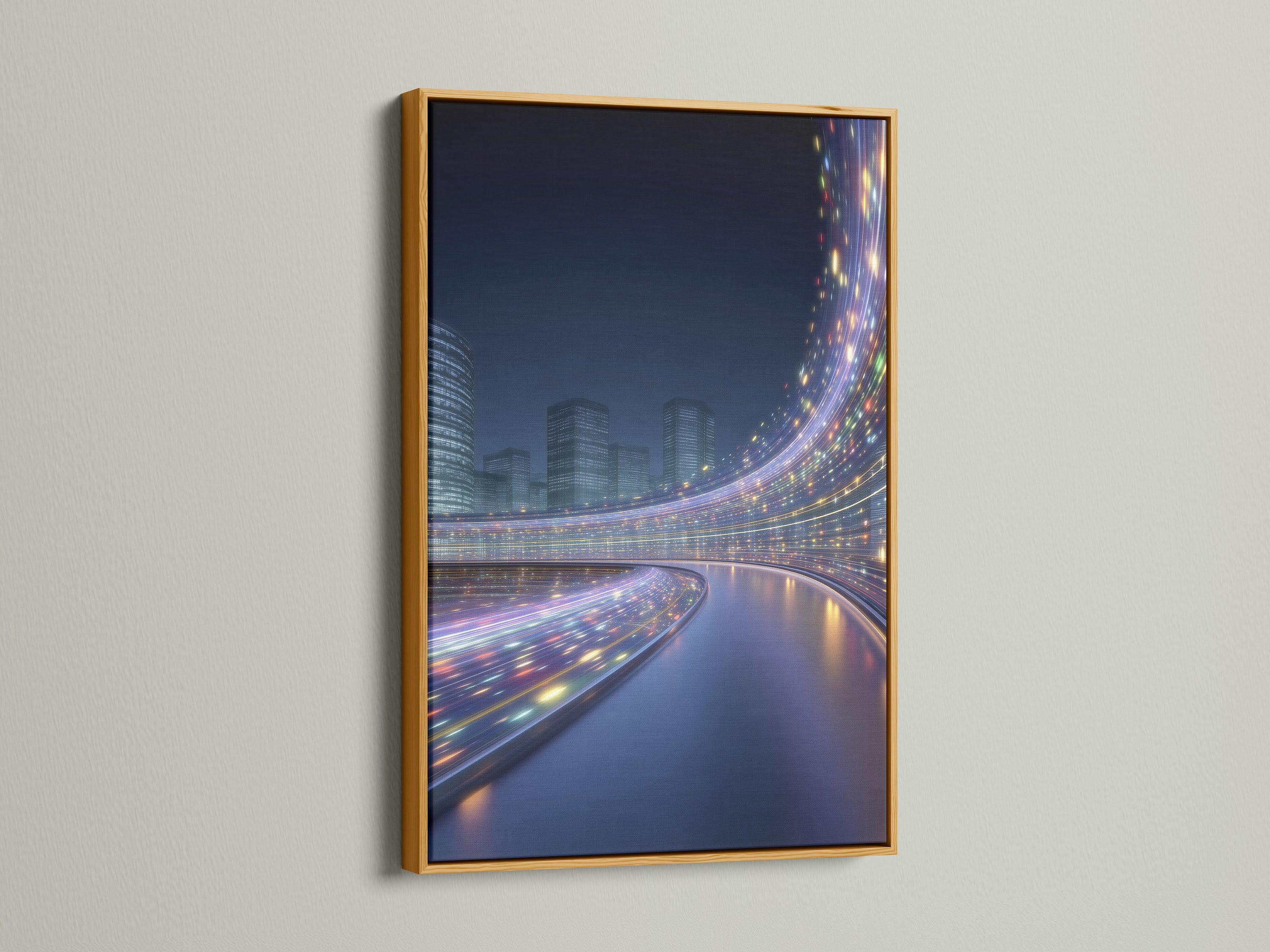 Futuristic cityscape artwork in a gold frame. The modern urban wall art features mesmerizing digital city lights. The gold frame adds a touch of luxury and elegance. Perfect for elevating the style of your living room bedroom or office. It enhances modern interiors.