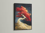 Enhance your decor with a striking red tree print. This Japanese bonsai artwork is framed in classic black. Ideal for creating a zen atmosphere in meditation rooms. It's also great for office wall decor. A bold and elegant choice.