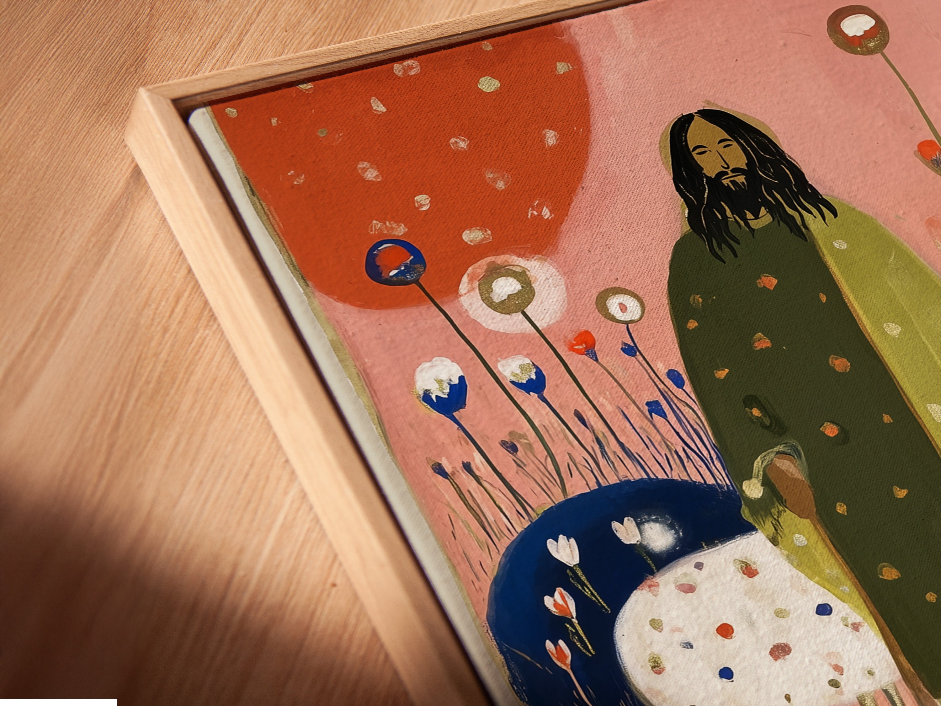 Close-up angled view of a canvas print. The canvas is set in a stylish floating frame. The floating frame enhances the art with a modern touch. It creates a unique display option for canvas artwork prints.