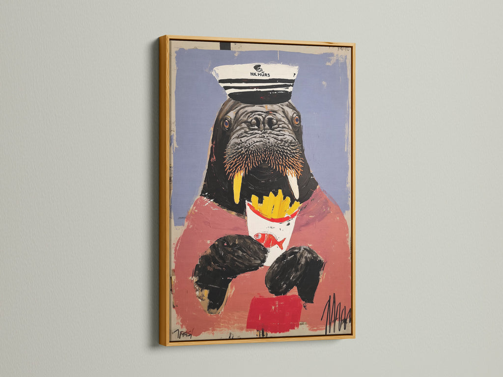A gold frame highlights this walrus art print. The animal captain artwork is ideal for marine animal art lovers. This quirky wall art adds a touch of nautical flair. The humorous animal art is perfect for a dining room or bar. This sea captain print stands out.