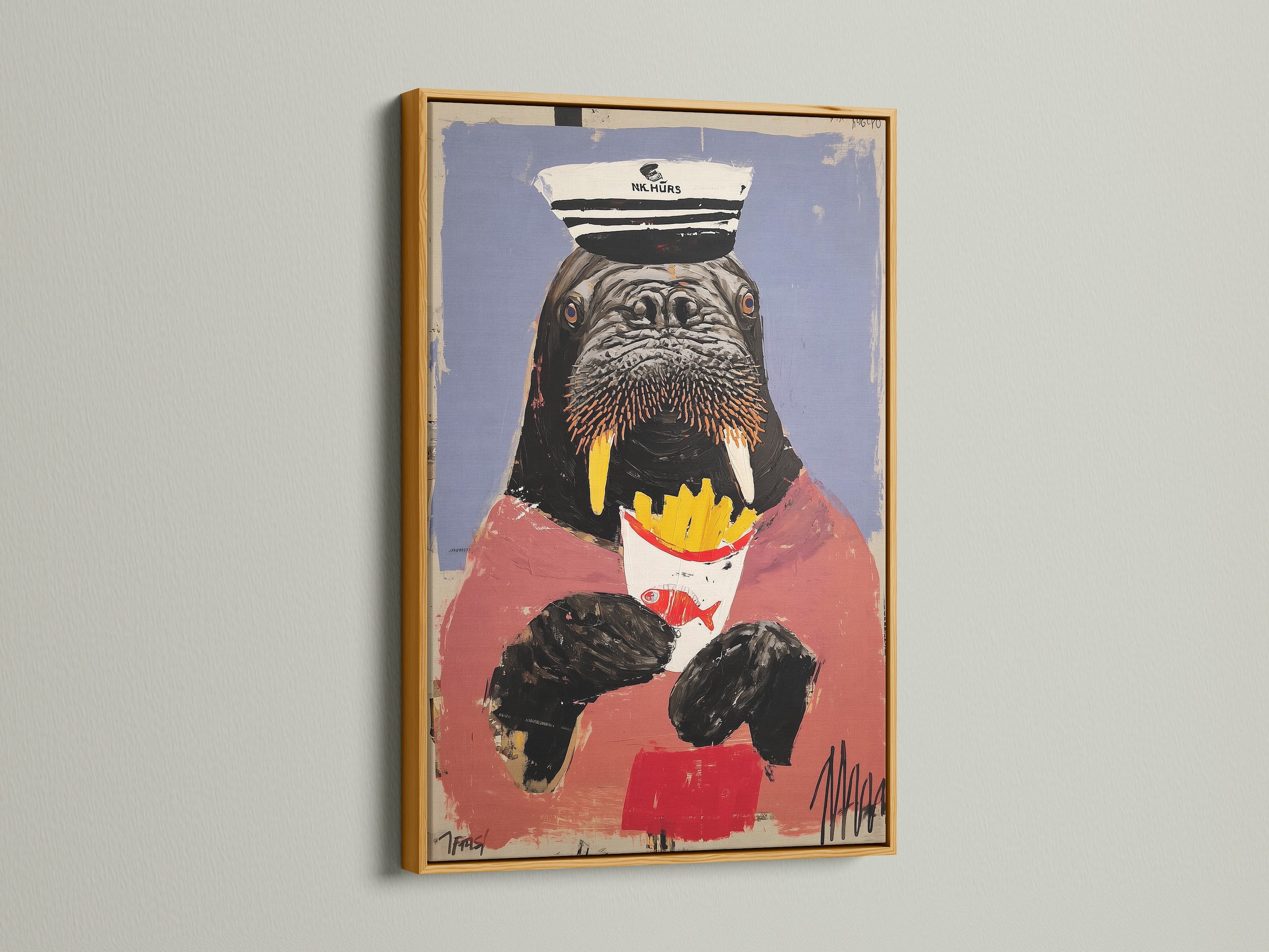 A gold frame highlights this walrus art print. The animal captain artwork is ideal for marine animal art lovers. This quirky wall art adds a touch of nautical flair. The humorous animal art is perfect for a dining room or bar. This sea captain print stands out.