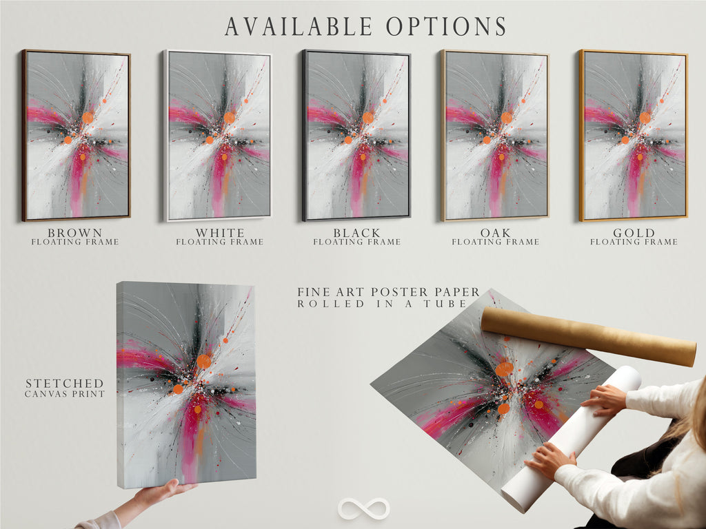 Explore available options for Abstract Burst artwork including stretched canvas fine art poster paper and floating frame. The pink gray and orange colors create a dynamic explosion print. Customize your contemporary artwork to fit your style. Perfect for modern minimalist or eclectic spaces. Choose your preferred format today.