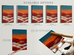 Available options include a stretched canvas print fine art poster paper and floating frame. Each option offers a unique way to display the mountain sunset artwork. Choose the format that best suits your style and decor. The warm orange and teal landscape will enhance any room. It brings a touch of rustic elegance.